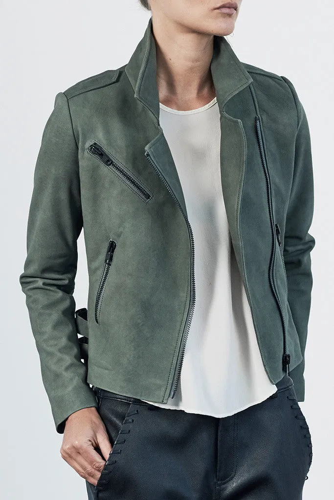 The New Yorker Motor Jacket Army Green Suede Leather