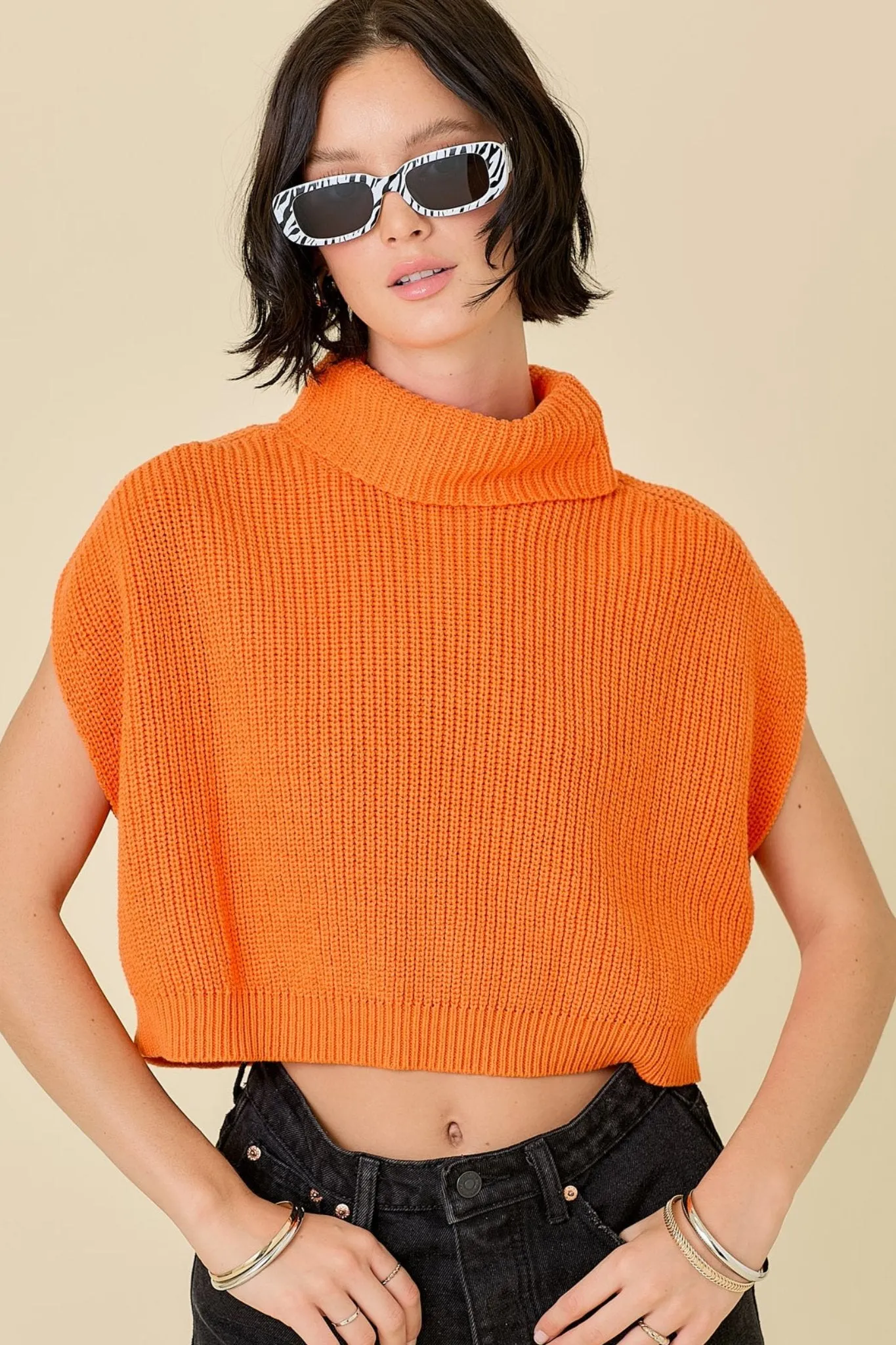 turtle neck sleeveless boxy sweater crop top