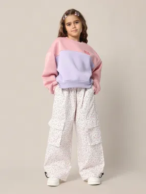 Tween Girls Comfy Regular Fit Pink & Lilac Sweatshirt And All Over Printed Cargo Pant 2 Piece Set