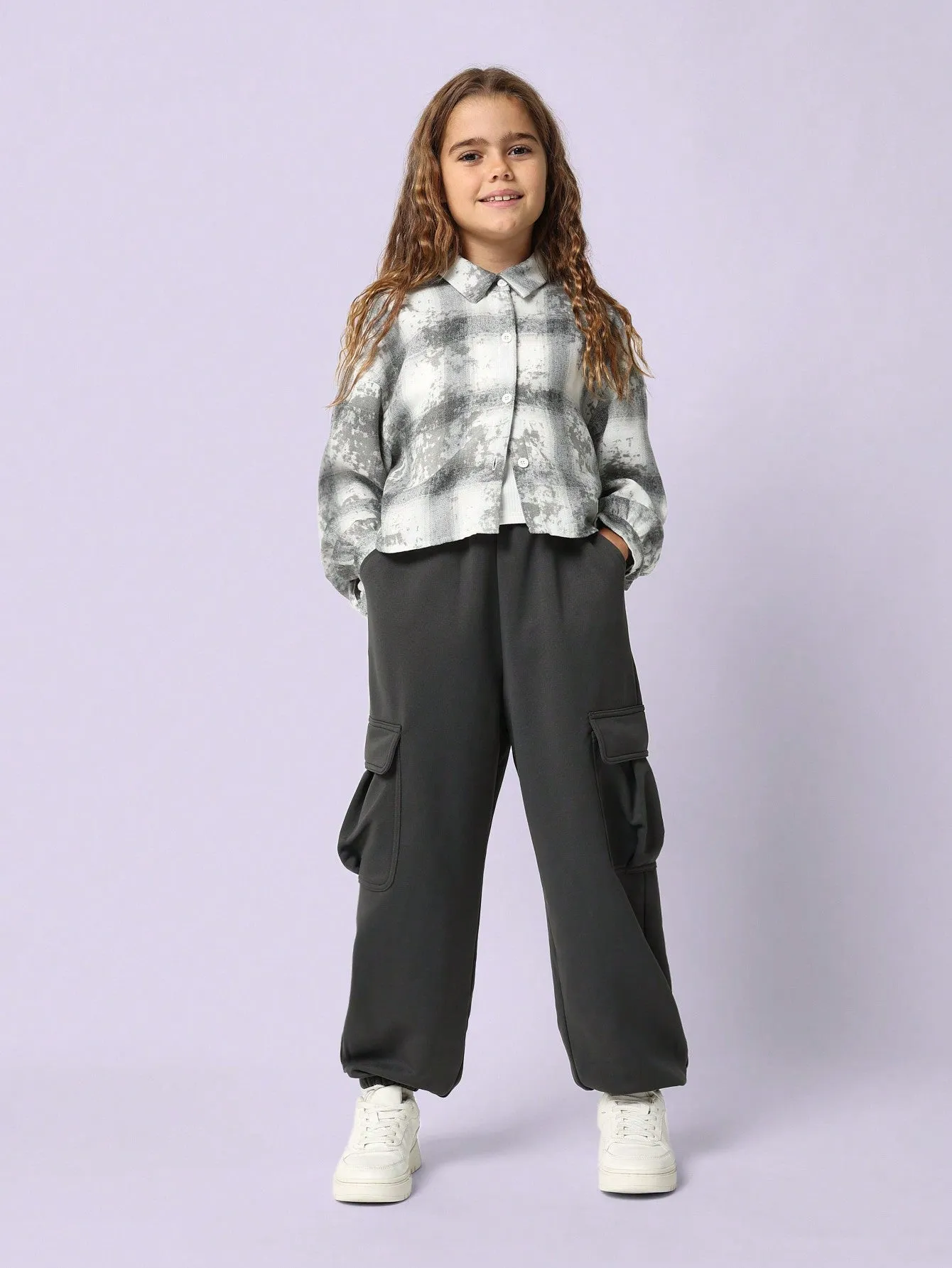 Tween Girls Everyday Wear Cheked Long Sleeve Shirt, Tank Top And Cargo Jogger 3 Pieces Set