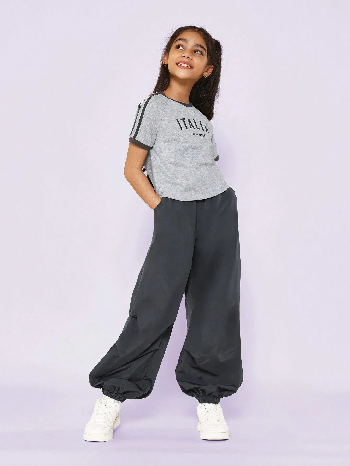 Tween Girls Raglan Cargo Italia Graphic Print Tee And Nylon Jogger 2 Piece Set