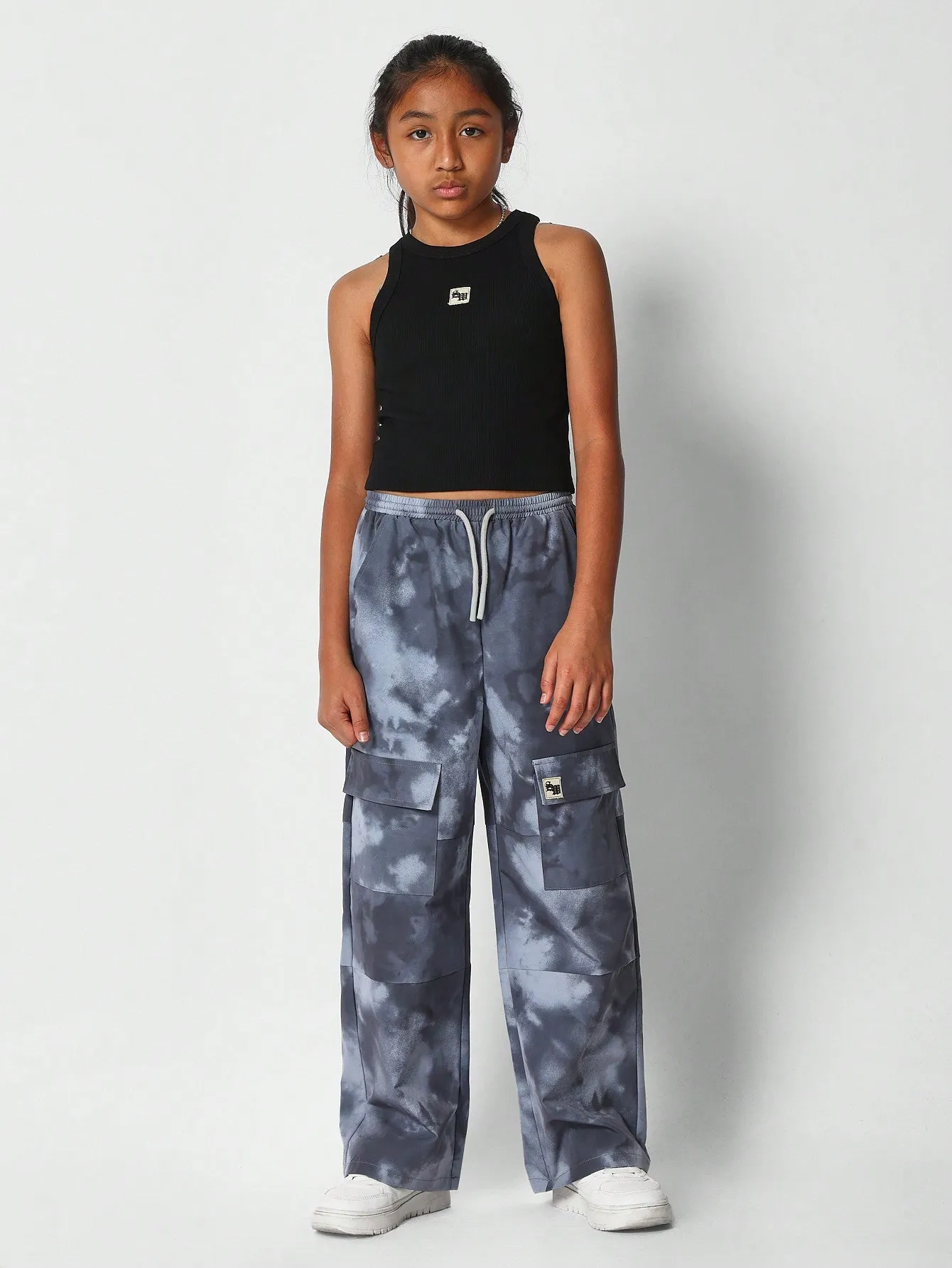 Tween Girls Ribbed Tank With All Over Print Cargo Pant 2 Piece Set