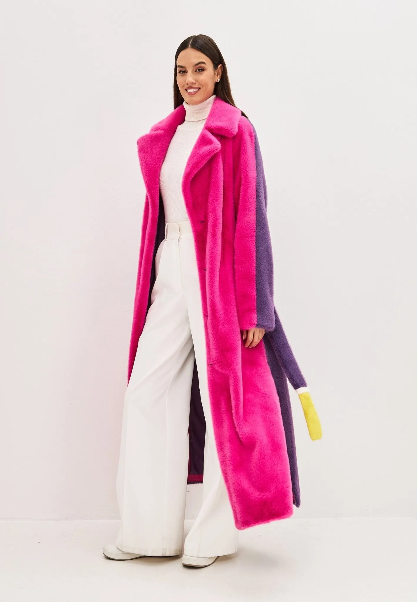 Two Tone Faux Fur Long Winter Coat - Pink