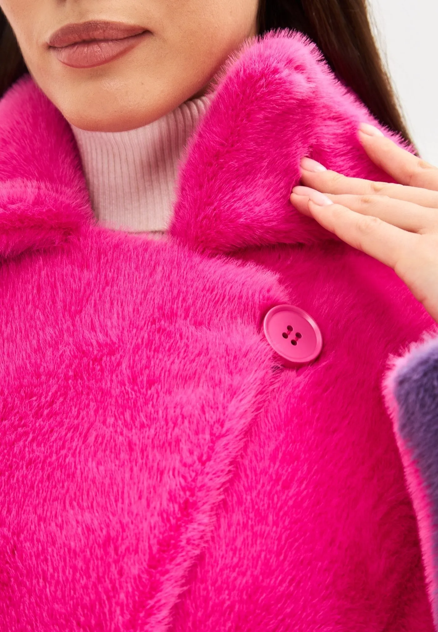 Two Tone Faux Fur Long Winter Coat - Pink