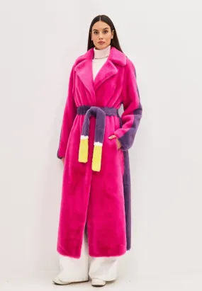 Two Tone Faux Fur Long Winter Coat - Pink