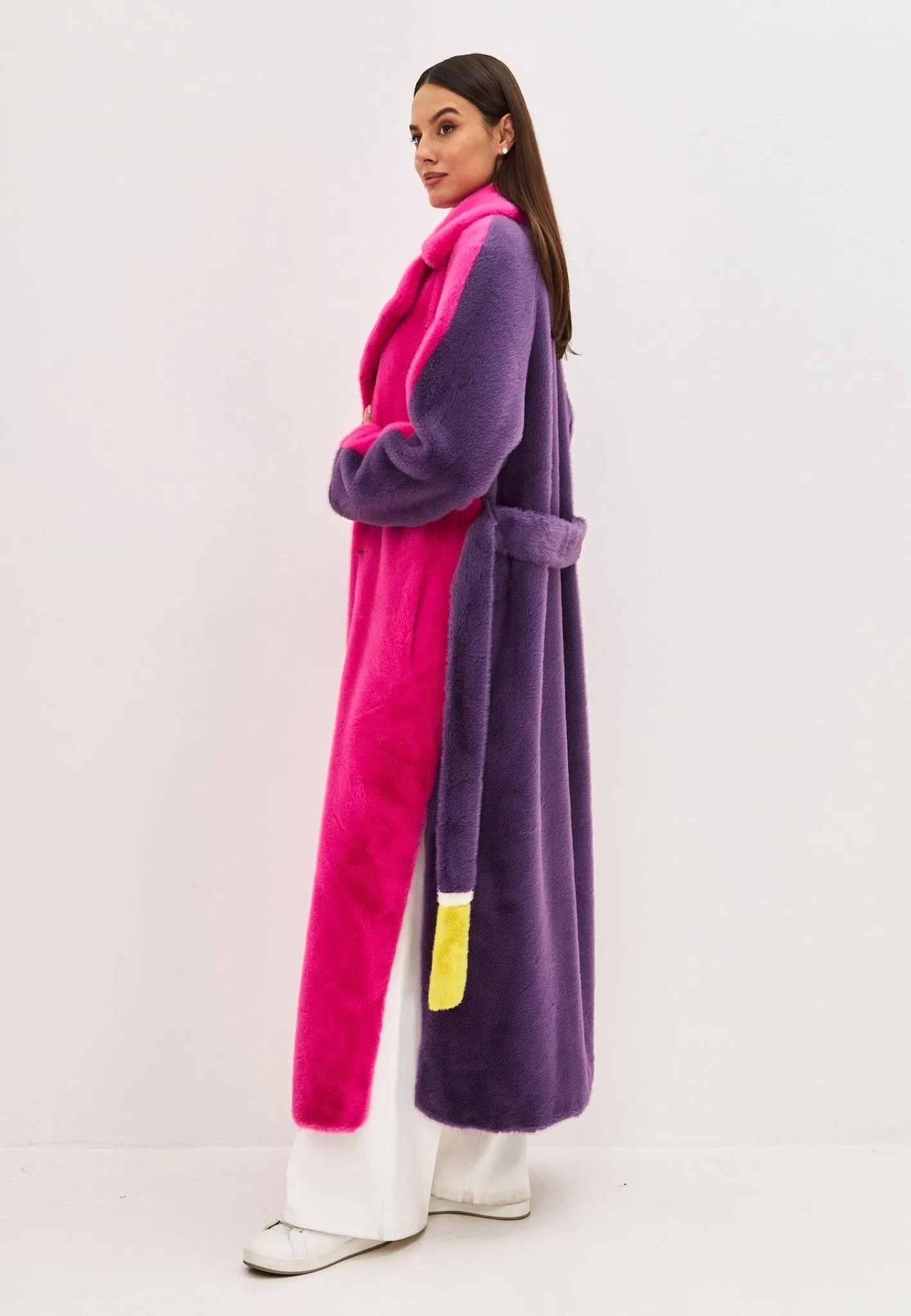 Two Tone Faux Fur Long Winter Coat - Pink