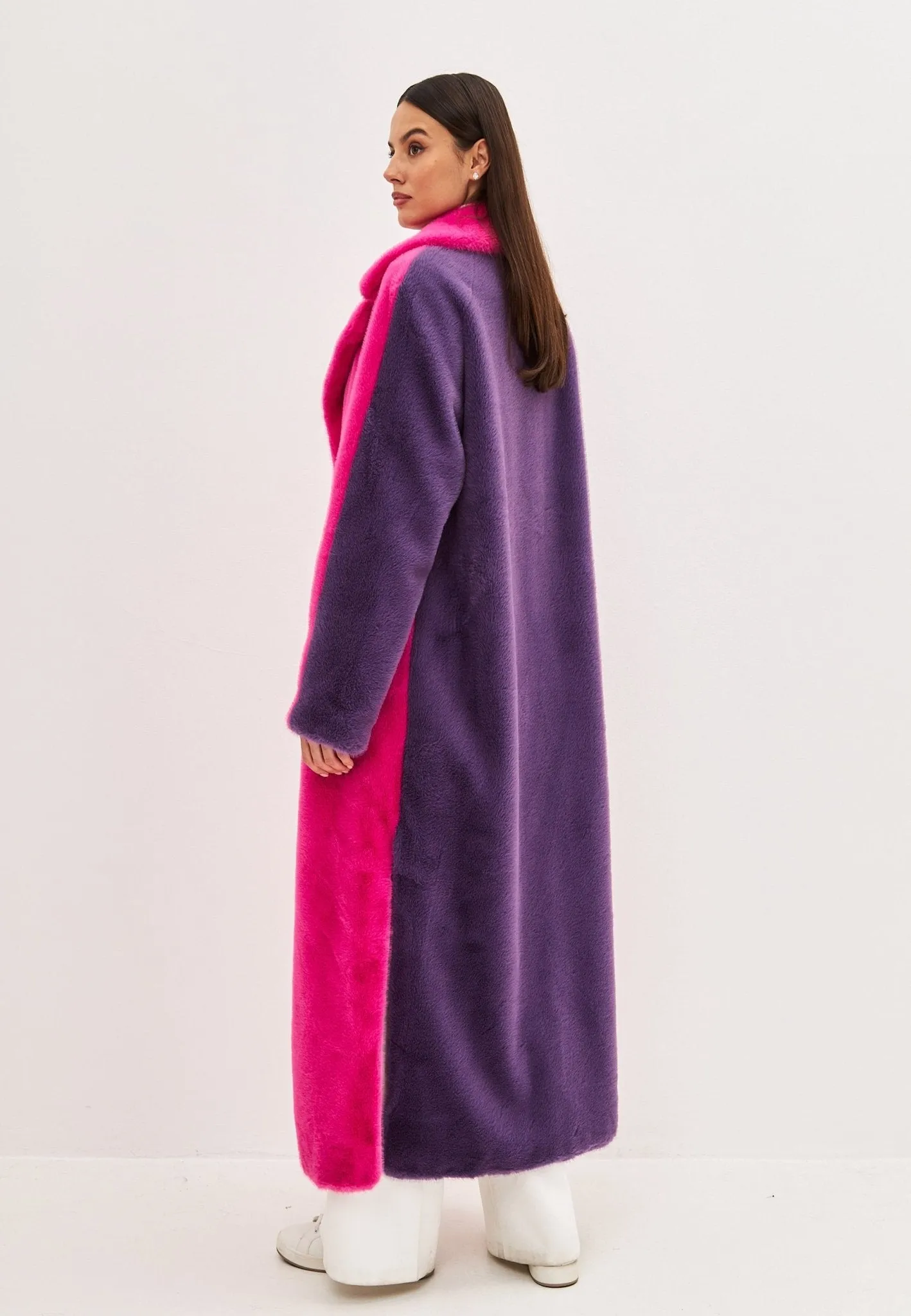 Two Tone Faux Fur Long Winter Coat - Pink