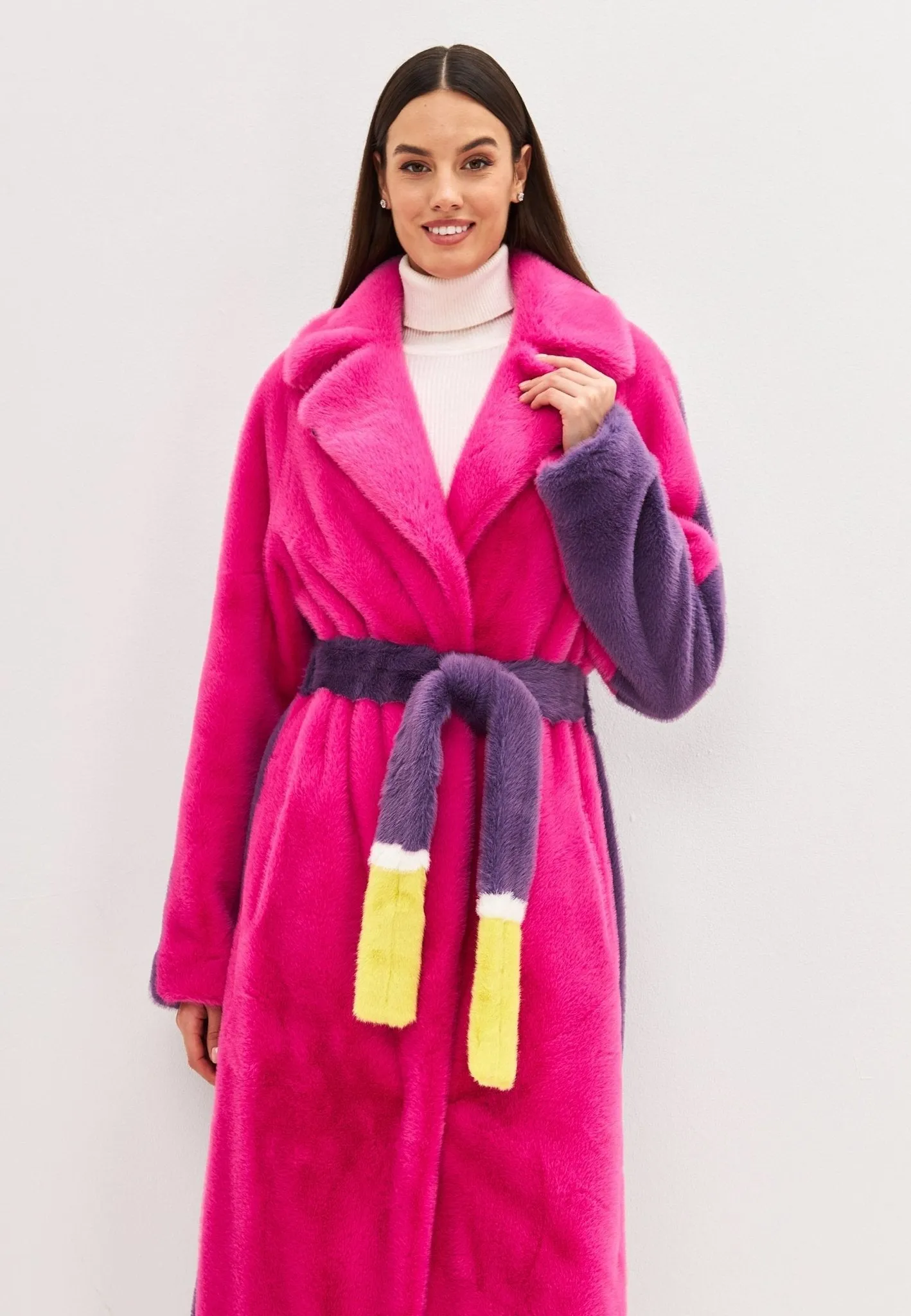 Two Tone Faux Fur Long Winter Coat - Pink