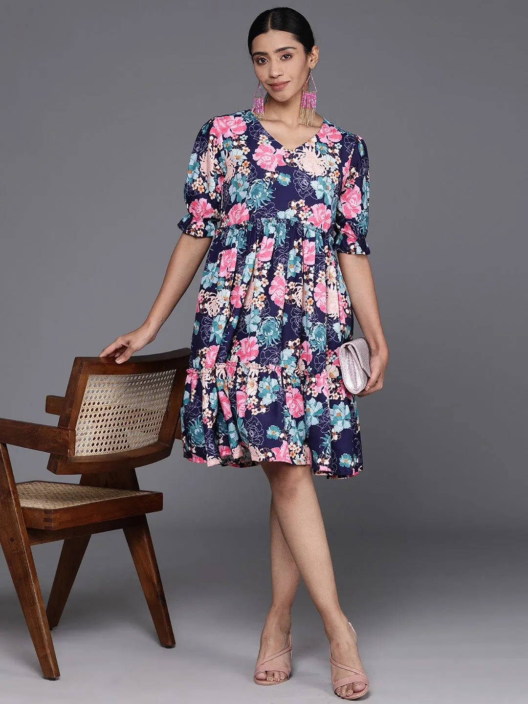 varanga navy blue floral print puff sleeves tiered a line dress