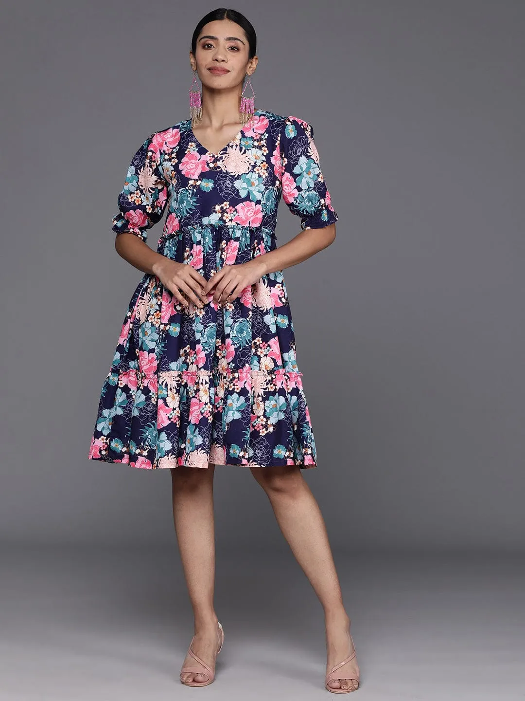 varanga navy blue floral print puff sleeves tiered a line dress