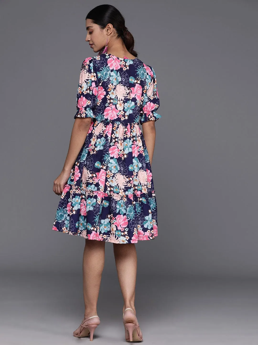 varanga navy blue floral print puff sleeves tiered a line dress