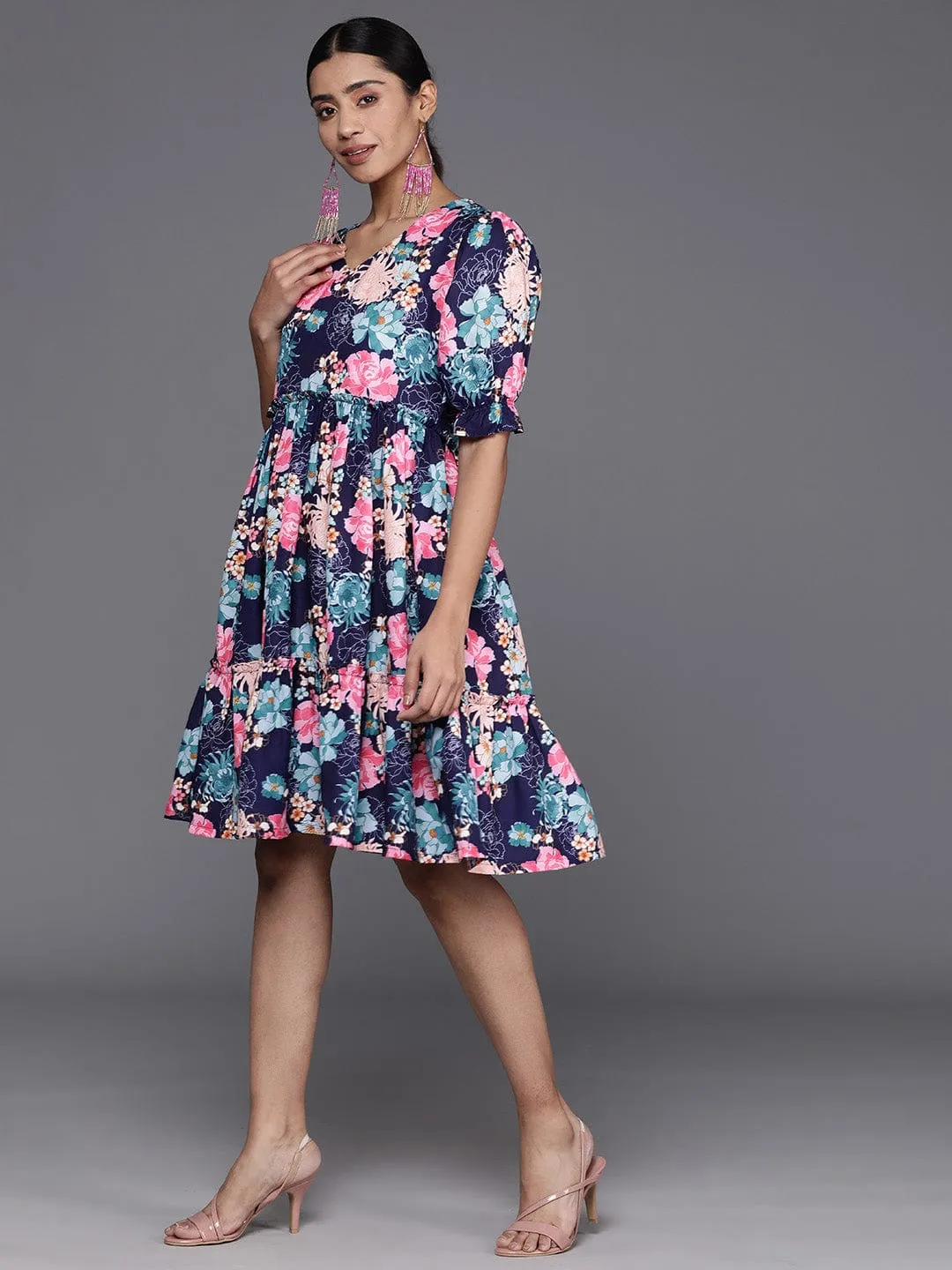 varanga navy blue floral print puff sleeves tiered a line dress