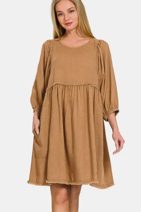 Vera Washed Linen Pleated Puff Sleeve Babydoll Dress