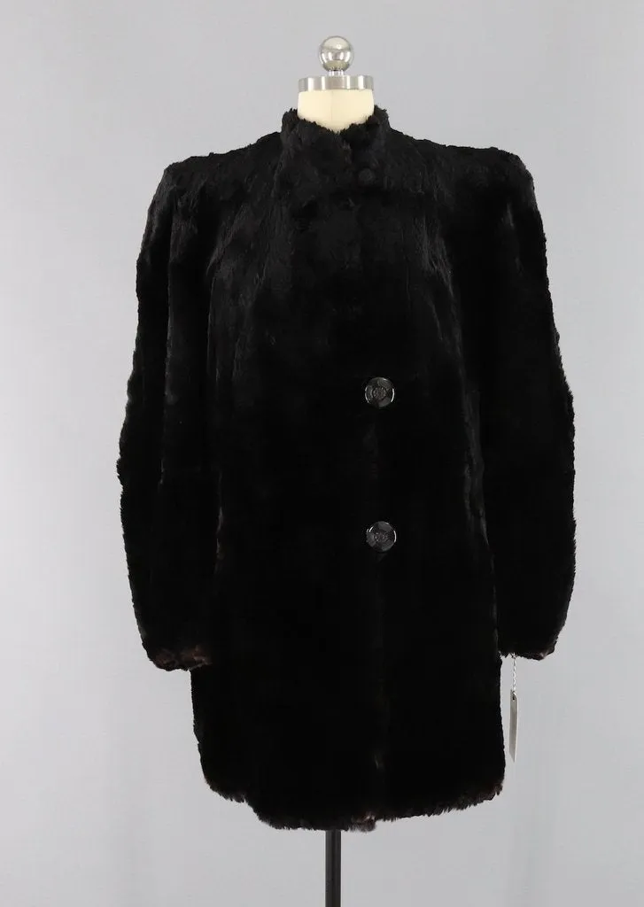 Vintage 1930s River Mink Black Fur Coat / Art Deco Bakelite Buttons