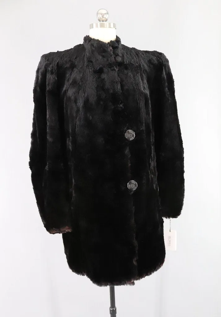 Vintage 1930s River Mink Black Fur Coat / Art Deco Bakelite Buttons