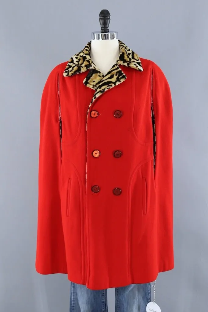 Vintage Red Leopard Print Reversible Cape