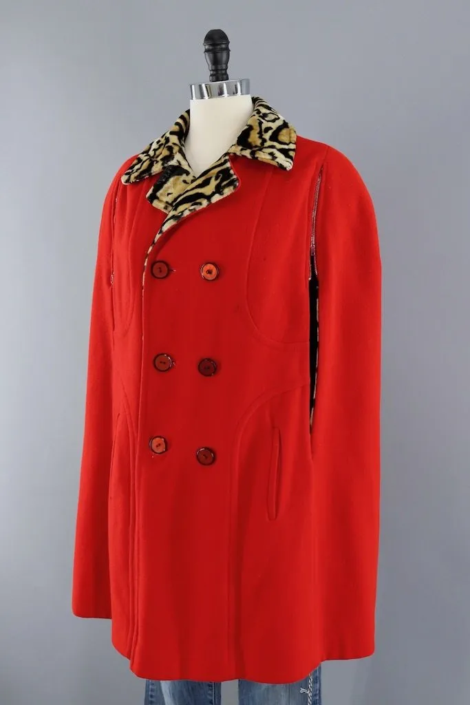 Vintage Red Leopard Print Reversible Cape