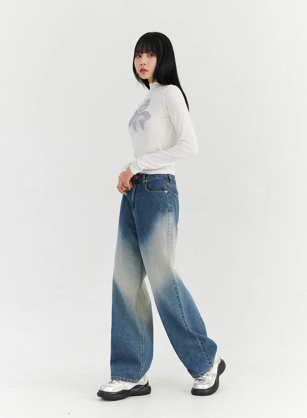 Washed Blue Wide Jeans CN307