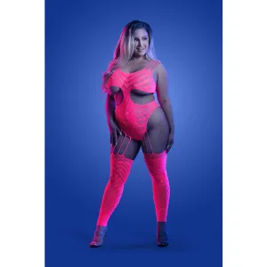 Wavelength Cutout Rhinestone Teddy Bodystocking -  Queen - Neon Pink