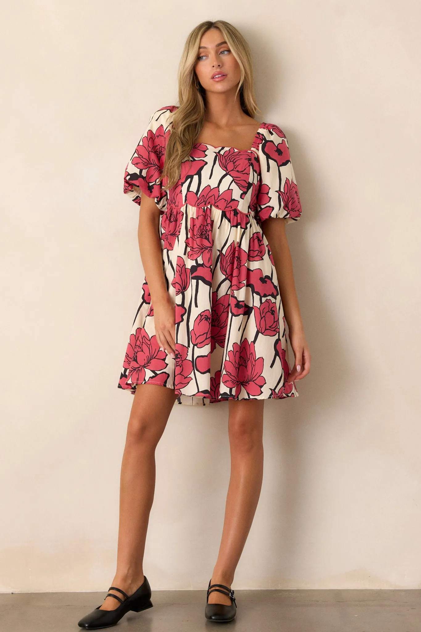 Whispering Moonlight 100% Cotton Red Floral Mini Dress