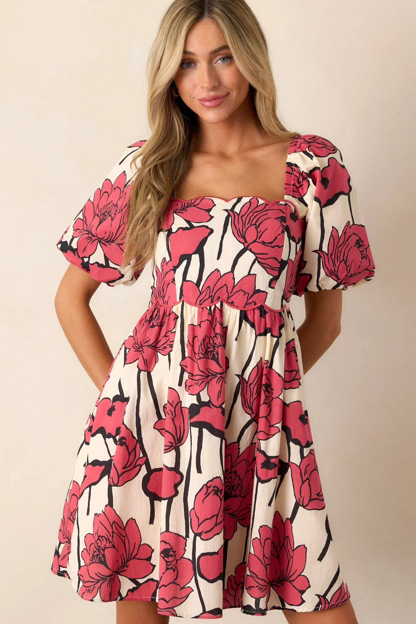 Whispering Moonlight 100% Cotton Red Floral Mini Dress