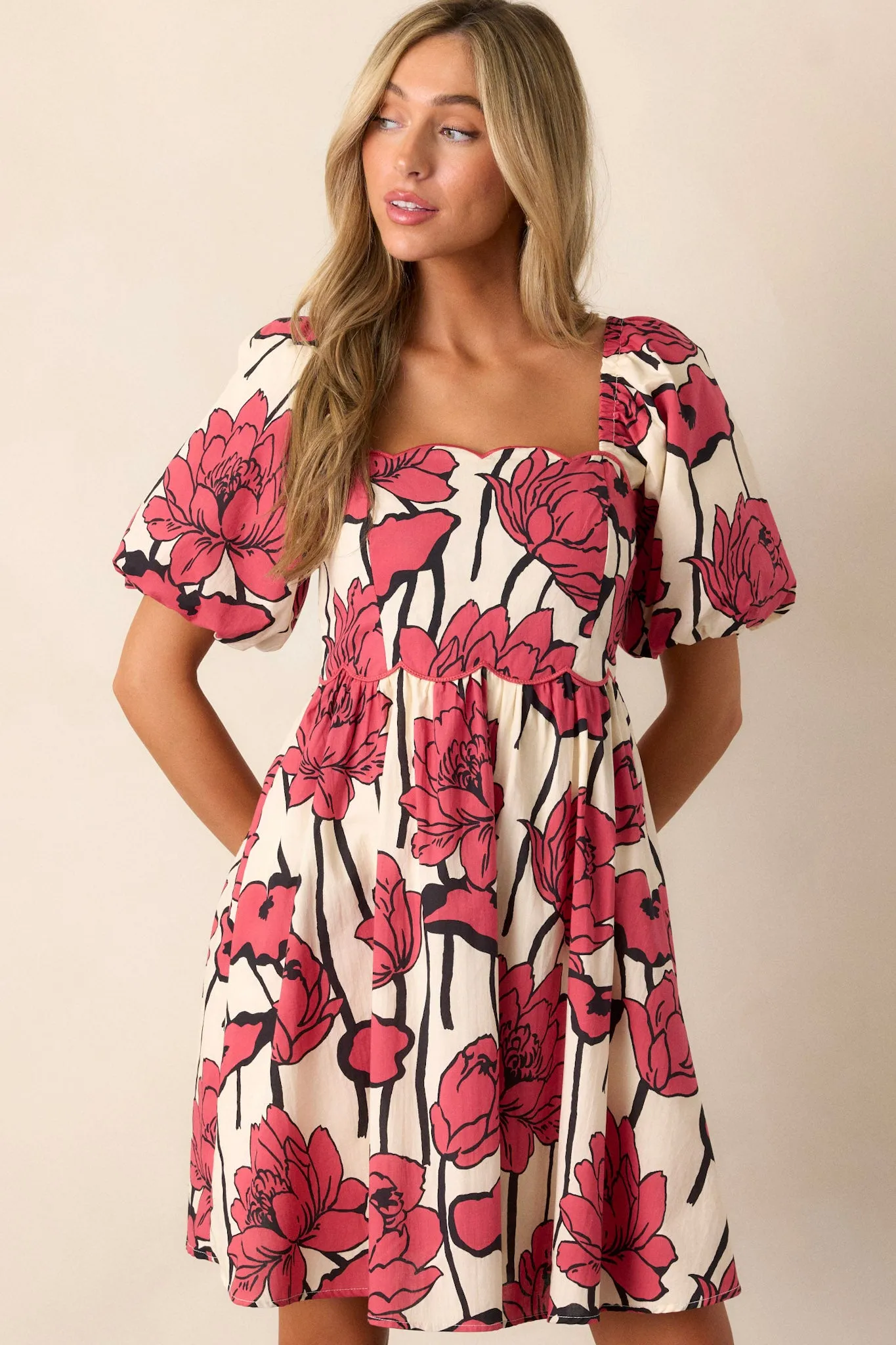 Whispering Moonlight 100% Cotton Red Floral Mini Dress