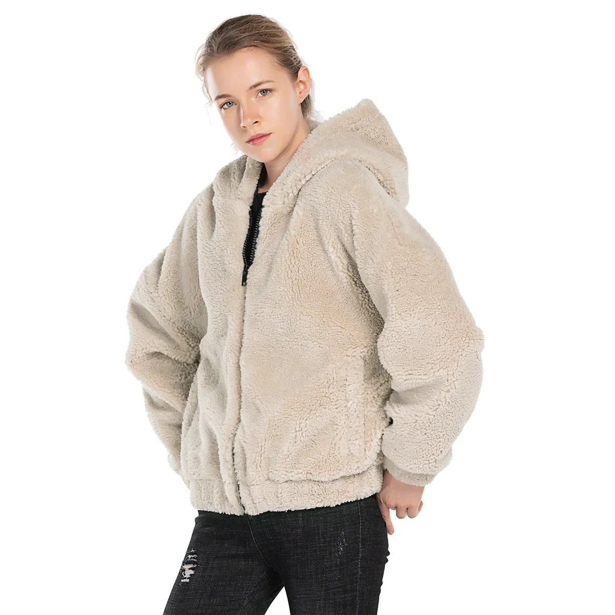 Womens Sherpa Jacket Oversized Zip Up Hoodie colours Beige, Camel, Coffee S M L XL