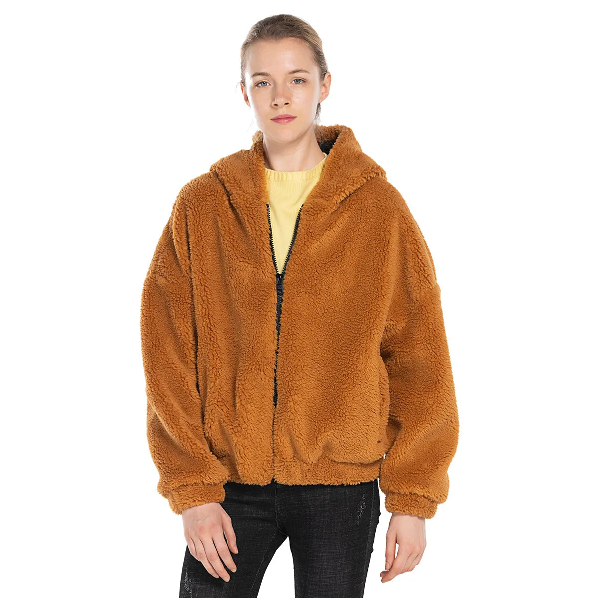 Womens Sherpa Jacket Oversized Zip Up Hoodie colours Beige, Camel, Coffee S M L XL