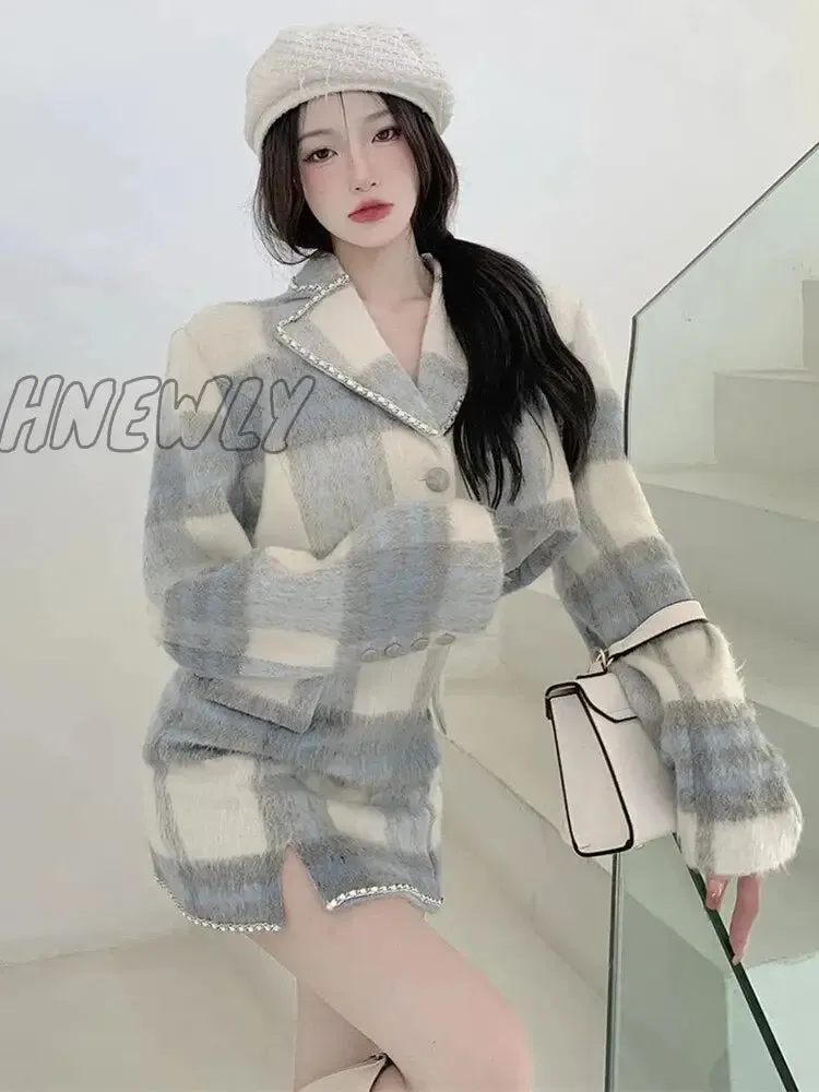 Women's Wool Set 2 Pieces Plaid Skirt and Cropped Blazer Suits Autumn Winter Elegant Fashion High Waist Mini Skirt Sets