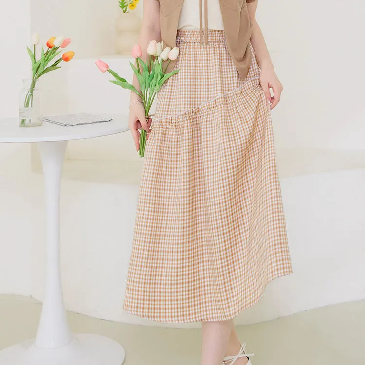 Wrinkle Free Elastic Waist Ruffle Plaid Long Maxi Skirt