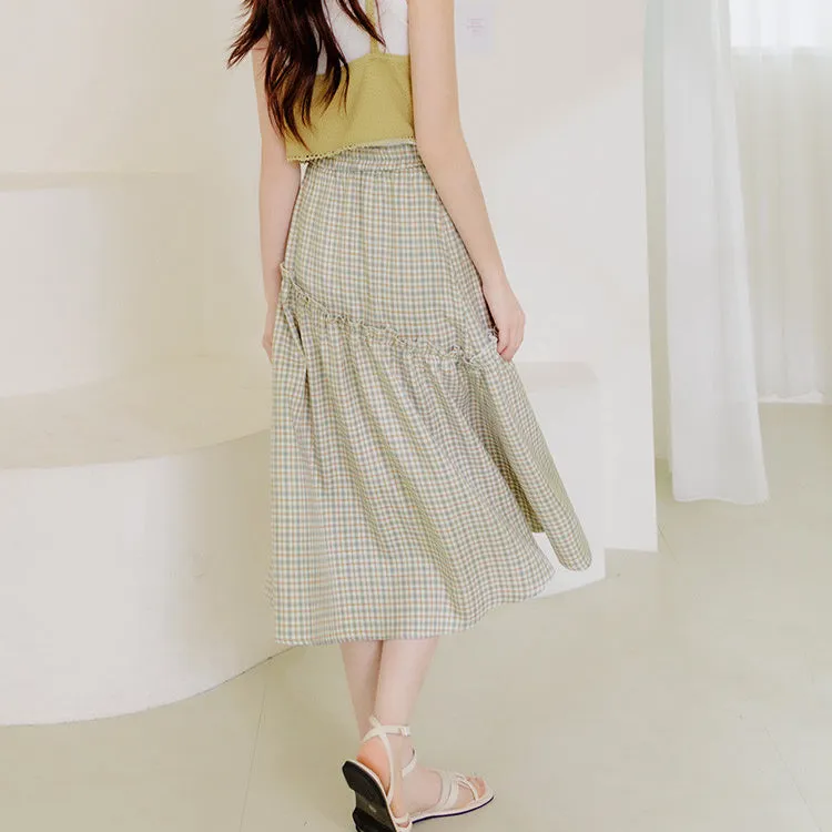 Wrinkle Free Elastic Waist Ruffle Plaid Long Maxi Skirt