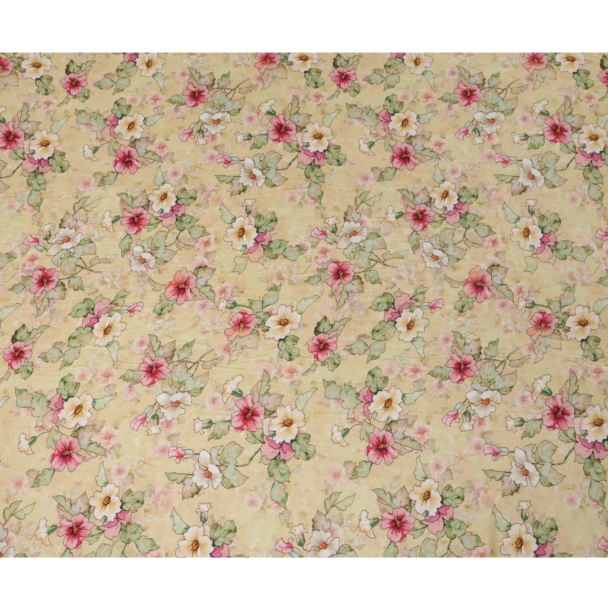 Yellow Viscose Cotton Digital Printed Fabric with Floral Design, 110 cm Width-D21340