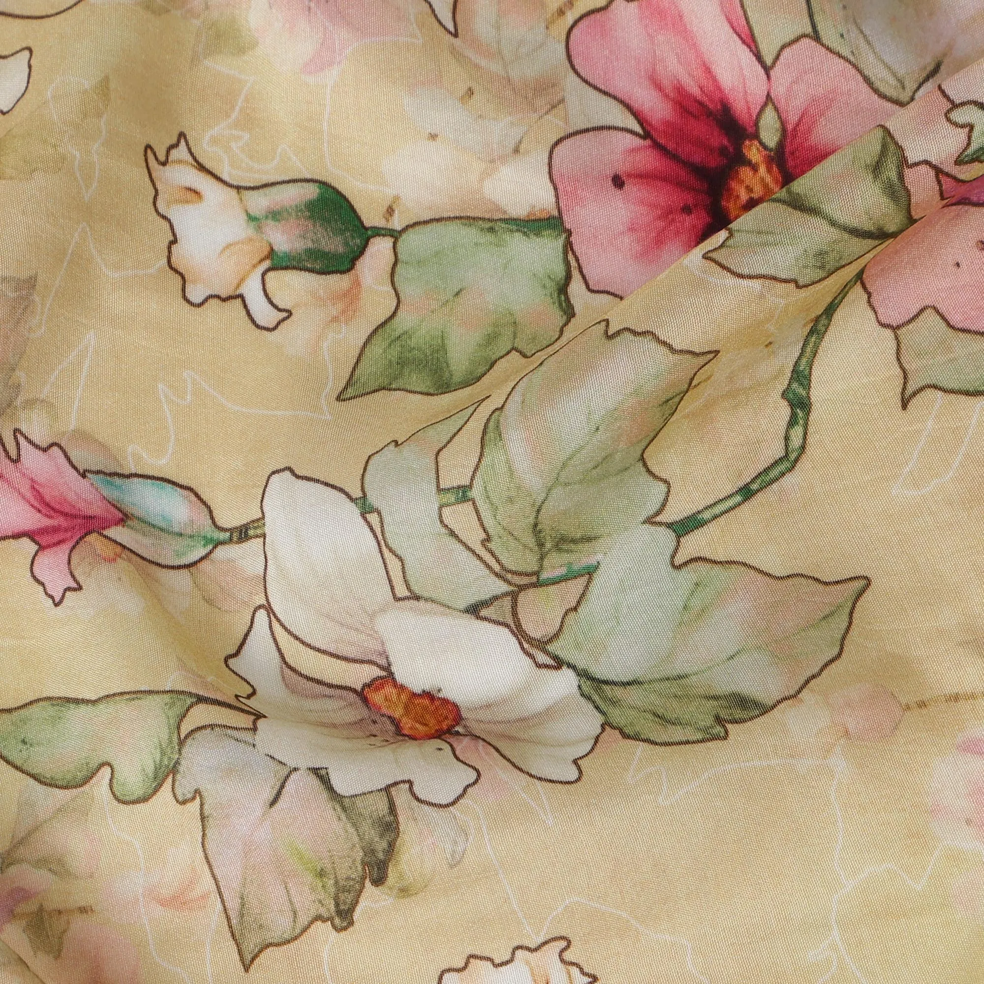 Yellow Viscose Cotton Digital Printed Fabric with Floral Design, 110 cm Width-D21340