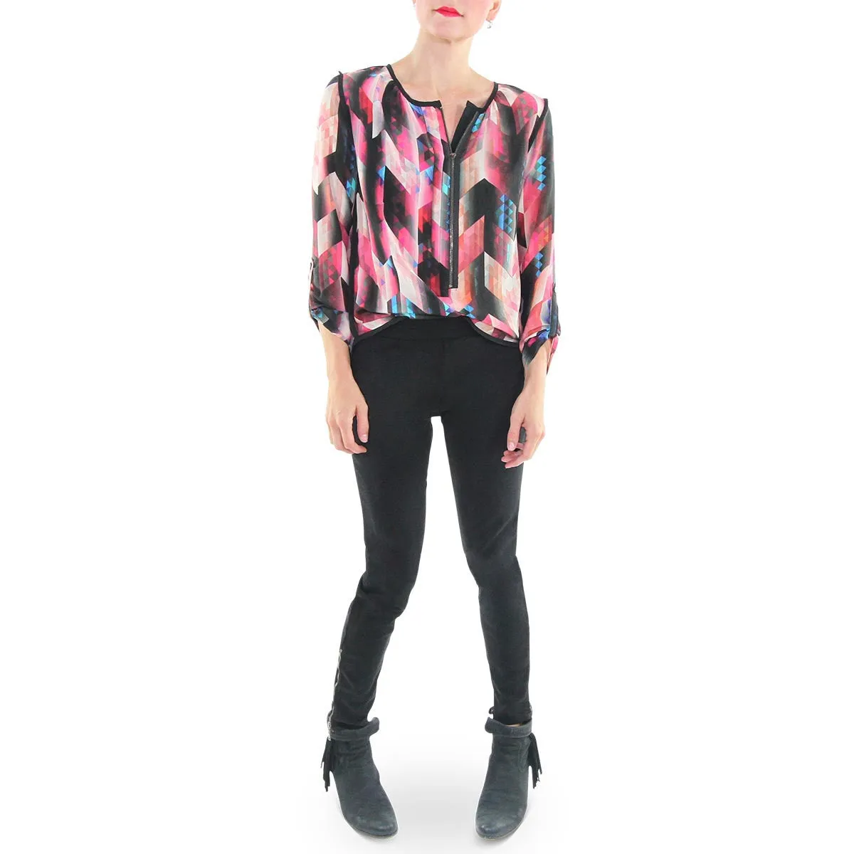 Zipper Front Geometric Print Top